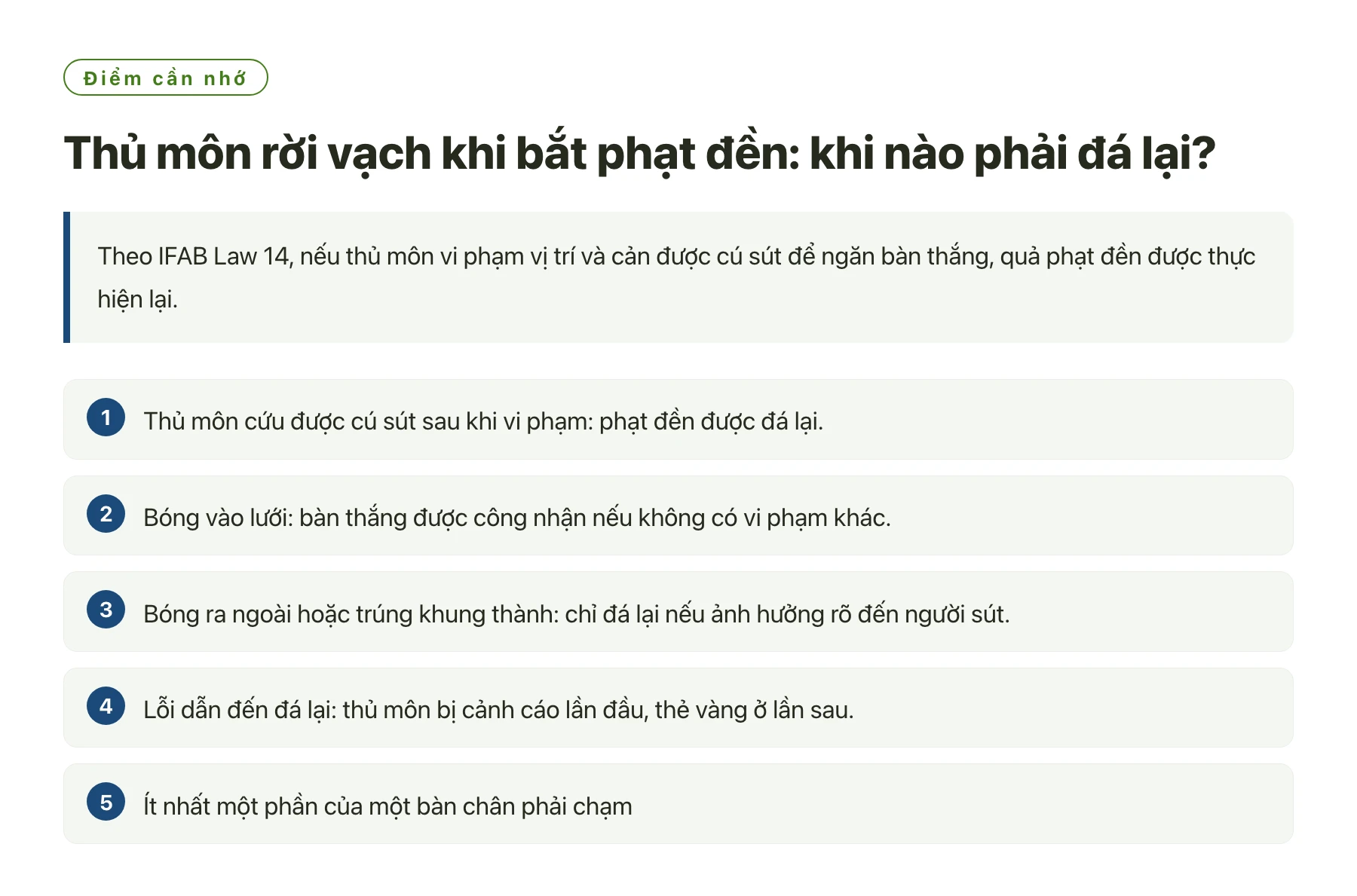 Thủ môn rời vạch khi bắt phạt đền: khi nào phải đá lại?——全文要点速览