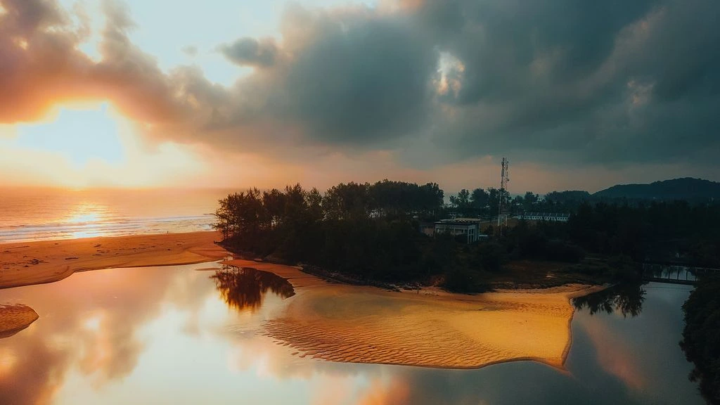 Aerial plate of a coastal resort at golden hour