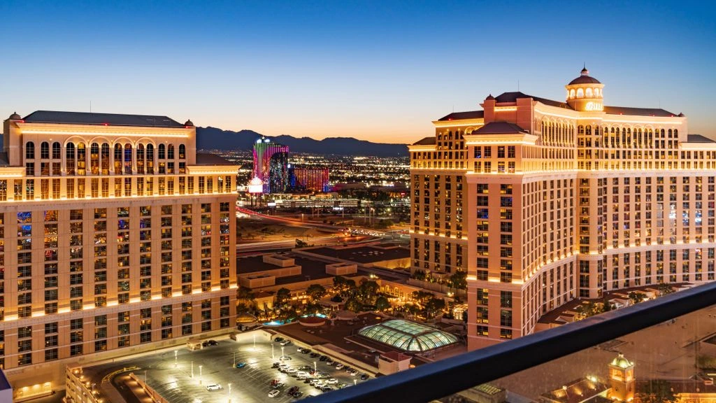 Twilight aerial of a luxury hotel rooftop